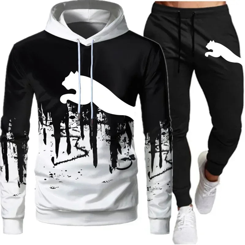 2024 Spring and autumn men's sportswear suit ink-jet hoodie + sweatpants 2 sets of casual running fitness men's sportswear