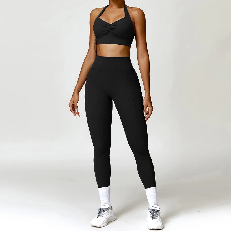 Two Piece Yoga Suit V Back Scrunch Legging Women Gym Suit Tracksuit Women Running Workout Set Female Sportswear Yoga Clothing Totally invincible