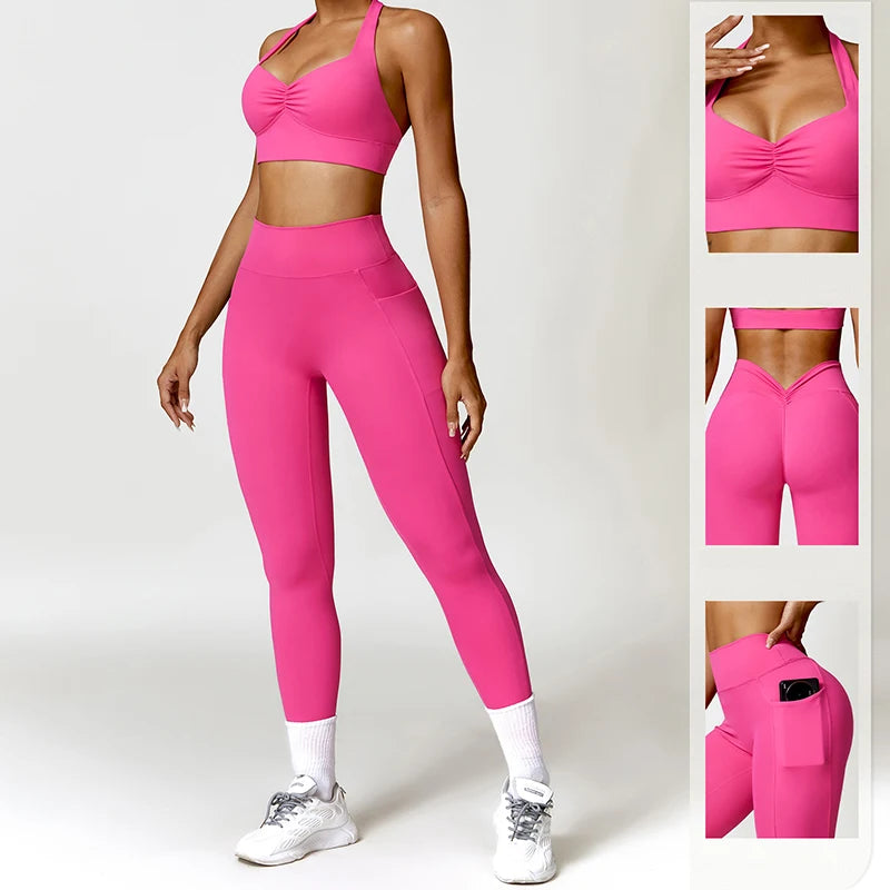 Two Piece Yoga Suit V Back Scrunch Legging Women Gym Suit Tracksuit Women Running Workout Set Female Sportswear Yoga Clothing Totally invincible