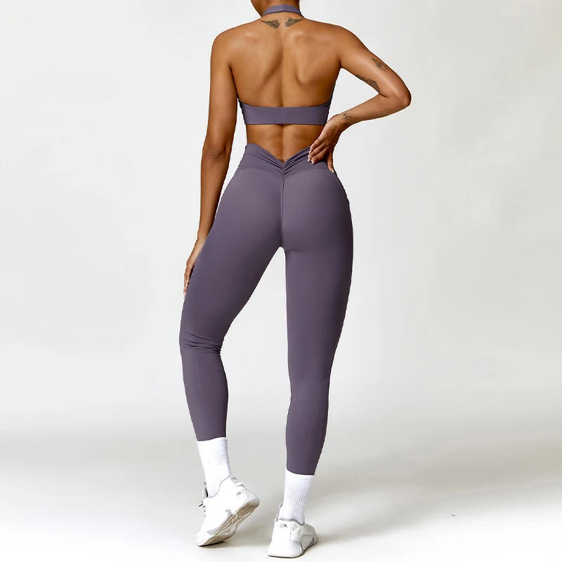 Two Piece Yoga Suit V Back Scrunch Legging Women Gym Suit Tracksuit Women Running Workout Set Female Sportswear Yoga Clothing Totally invincible