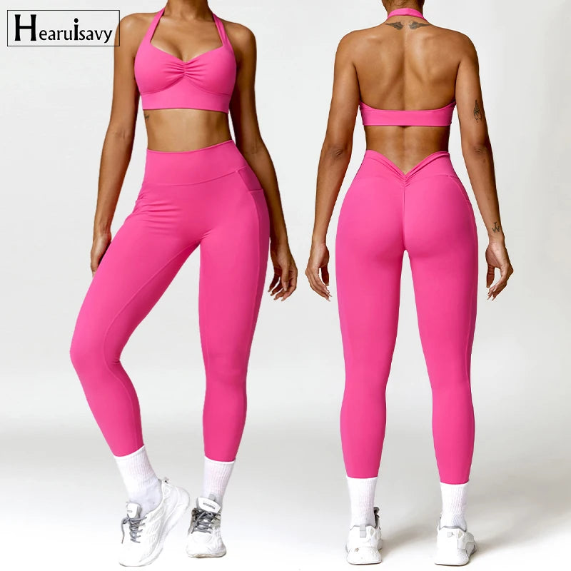 Two Piece Yoga Suit V Back Scrunch Legging Women Gym Suit Tracksuit Women Running Workout Set Female Sportswear Yoga Clothing Totally invincible