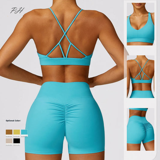 Women Yoga Athletic Sets Running Sportswear Tight Shorts Cross Sports Bra Suits Seamless Gym Tracksuit Fitness Workout Outfits Totally invincible