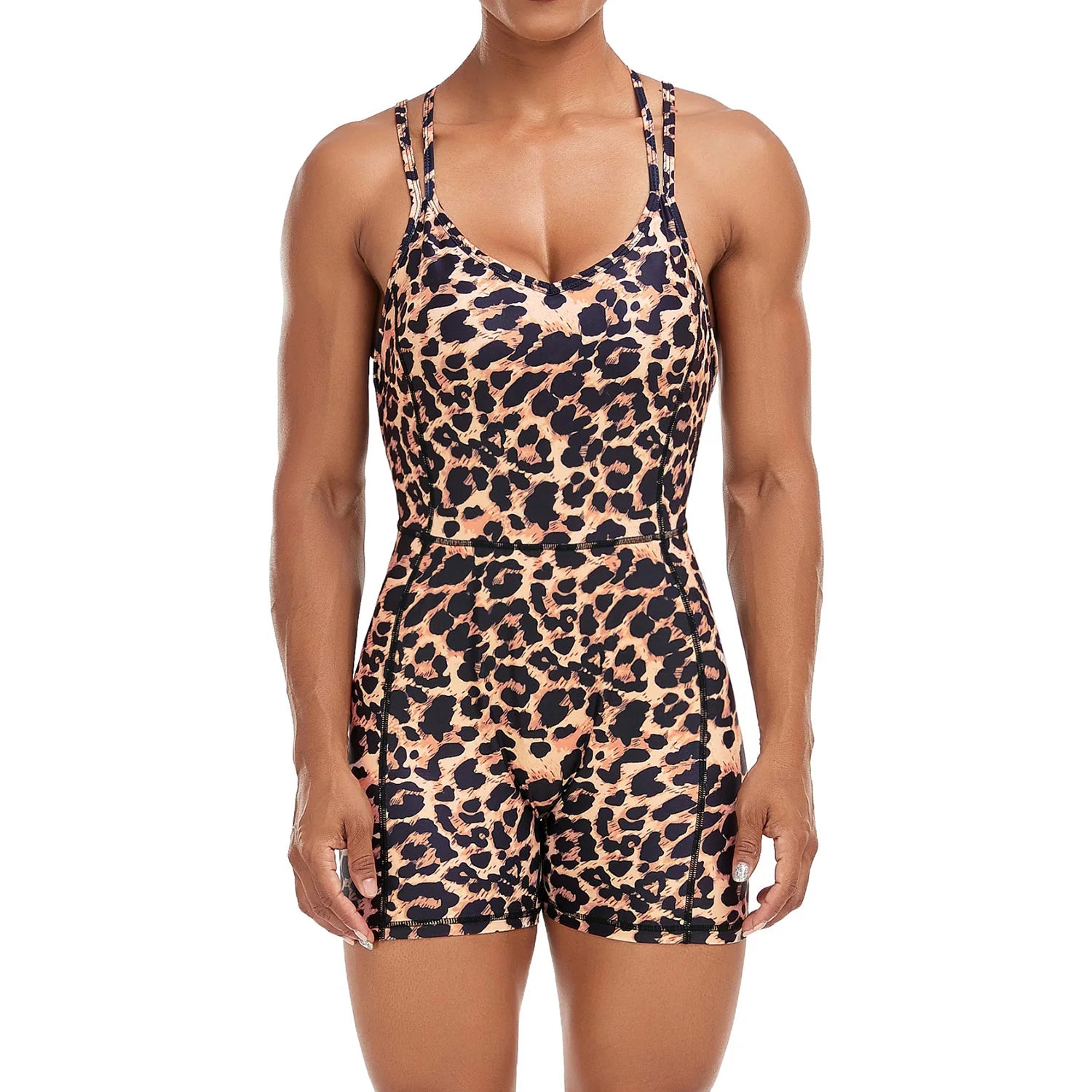 Women Yoga Backless Leopard Jumpsuit Workout Catsuit Bodysuit Sleeveless Gym Bodycon Romper Sexy Sportswear Fitness Yoga Suit Totally invincible