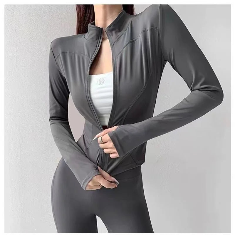 Women Zip Fitness Clothes Long Sleeve Sports Jacket with Pockets Yoga Shirt Quick Dry Gym Top Sunscreen Sportswear Running Coats Totally invincible