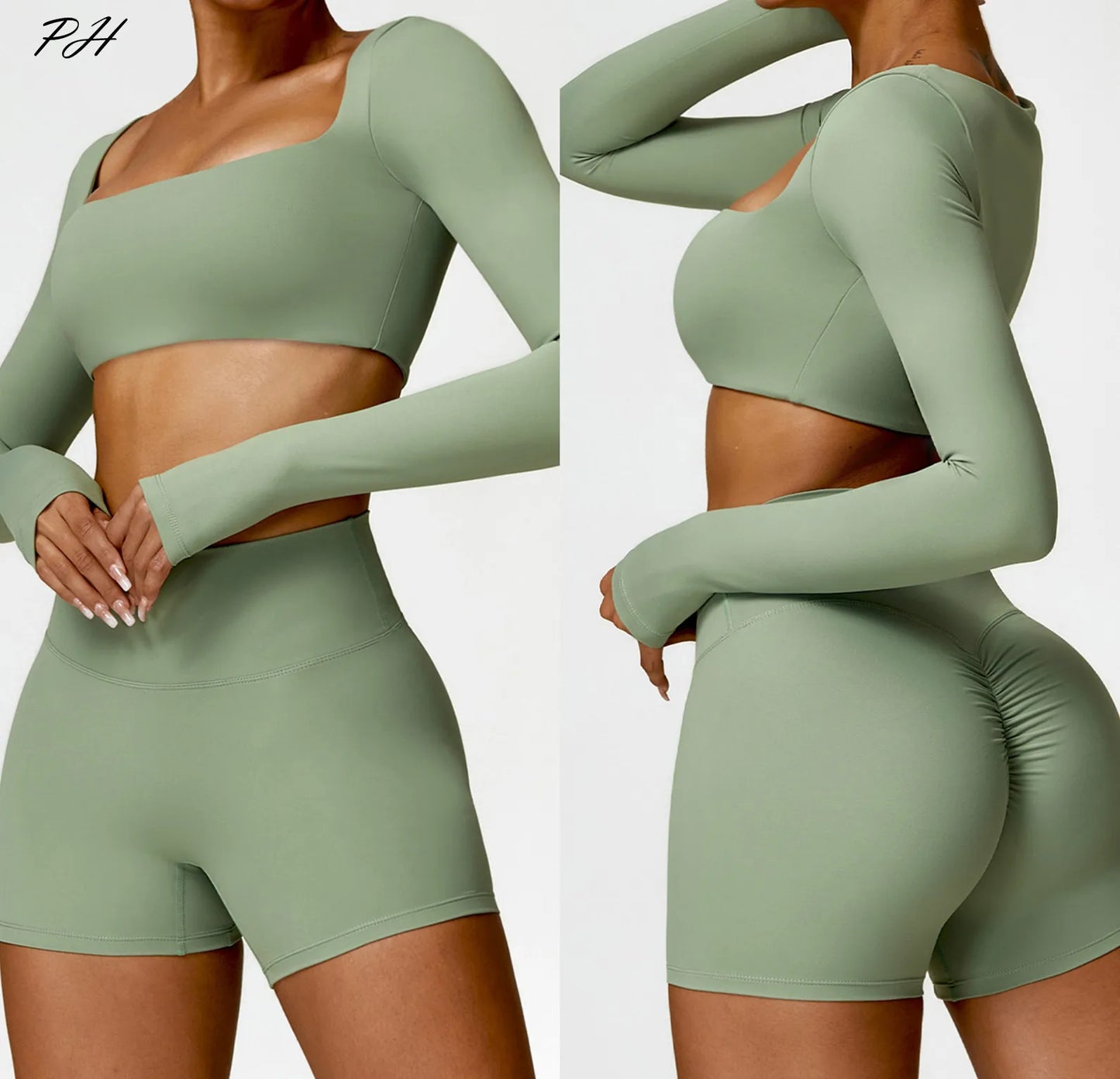 Yoga Set Women Gym Long Sleeve 2PCS Nudity Sportswear Workout Clothes Athletic Wear Shorts Fitness Bra Crop Top Sports Suits New Totally invincible