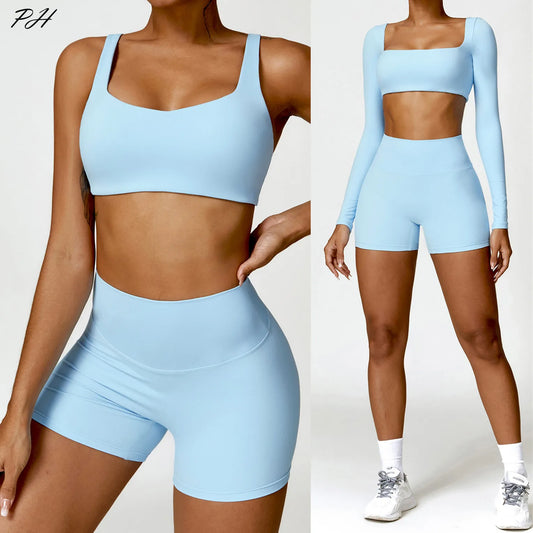 Yoga Set Women Gym Long Sleeve 2PCS Nudity Sportswear Workout Clothes Athletic Wear Shorts Fitness Bra Crop Top Sports Suits New Totally invincible