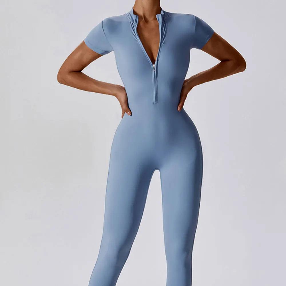 Yoga Set Women's Jumpsuits One-Piece Suit Zipper Short Sleeve Gym Push Up Workout Clothes Fitness Bodysuit Sportswear Tracksuit Totally invincible