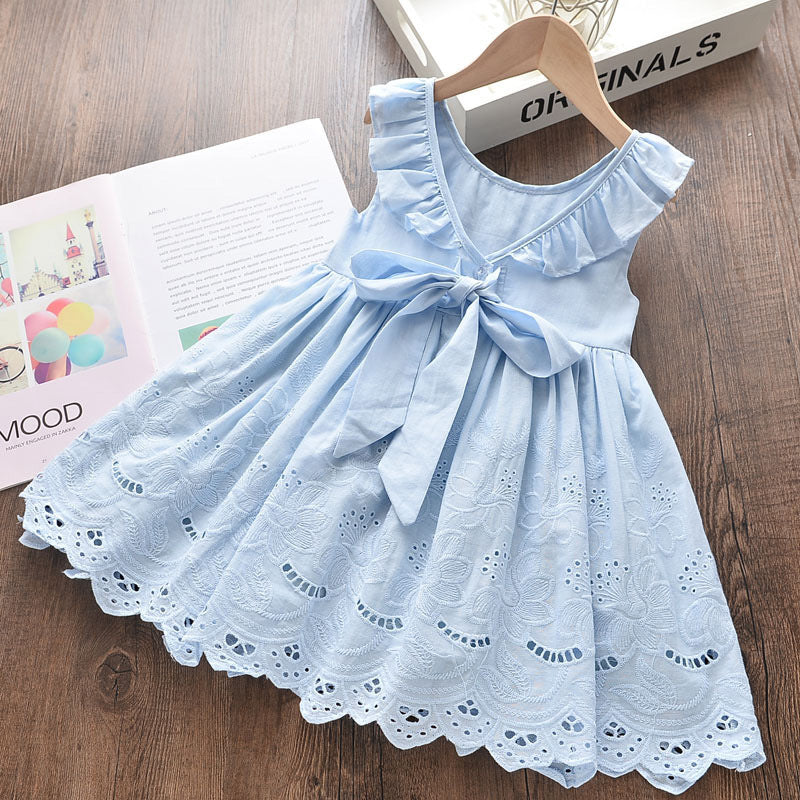 Girls' Simple Embroidered Lace Mesh Dress